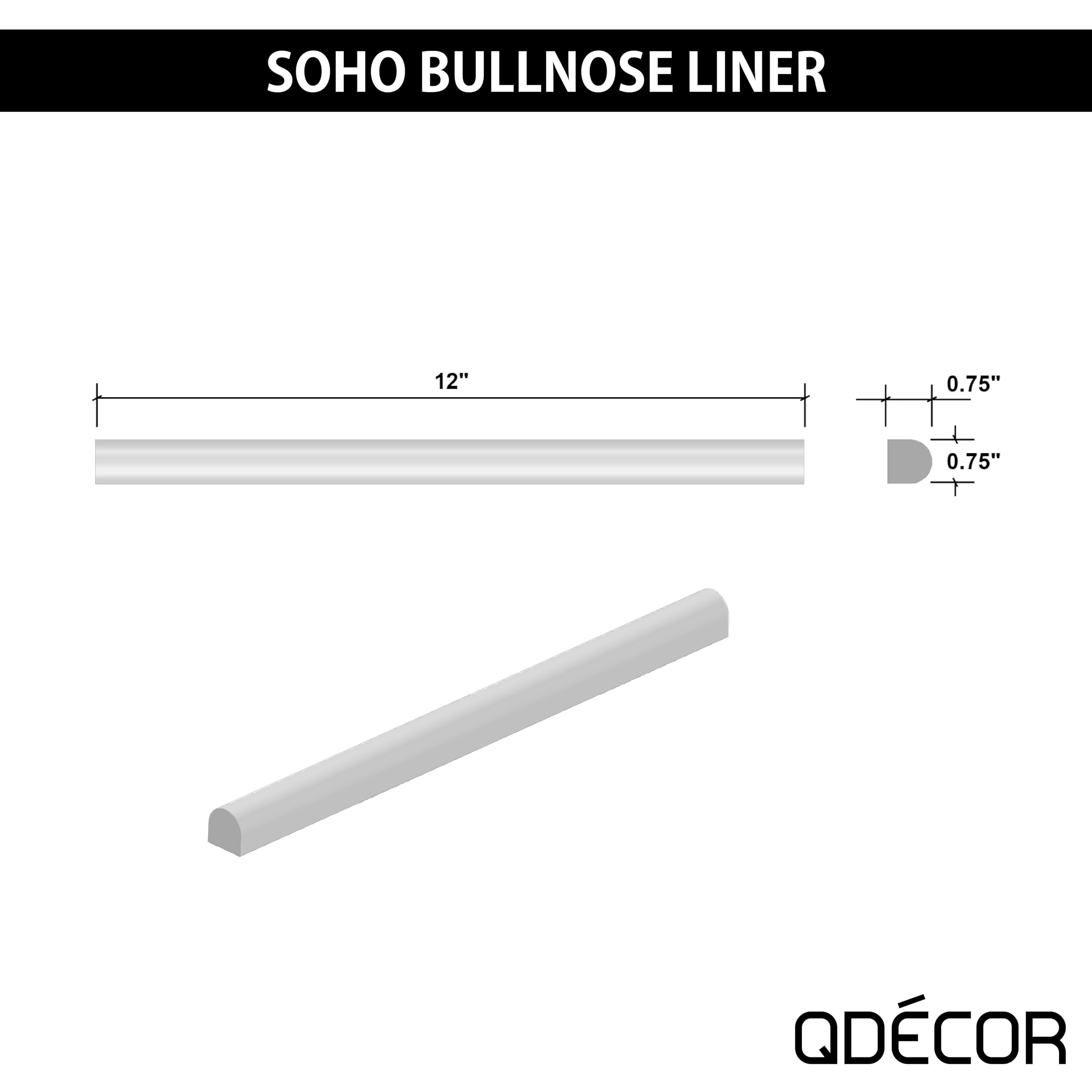 Questech Decor Soho Bullnose Tile Liner, 3/4 x 12 Inch Decorative Tile Edge Trim, Decorative Shower Tile Border, Kitchen Backsplash Tile Trim, Bright White Polished, 12 Pack