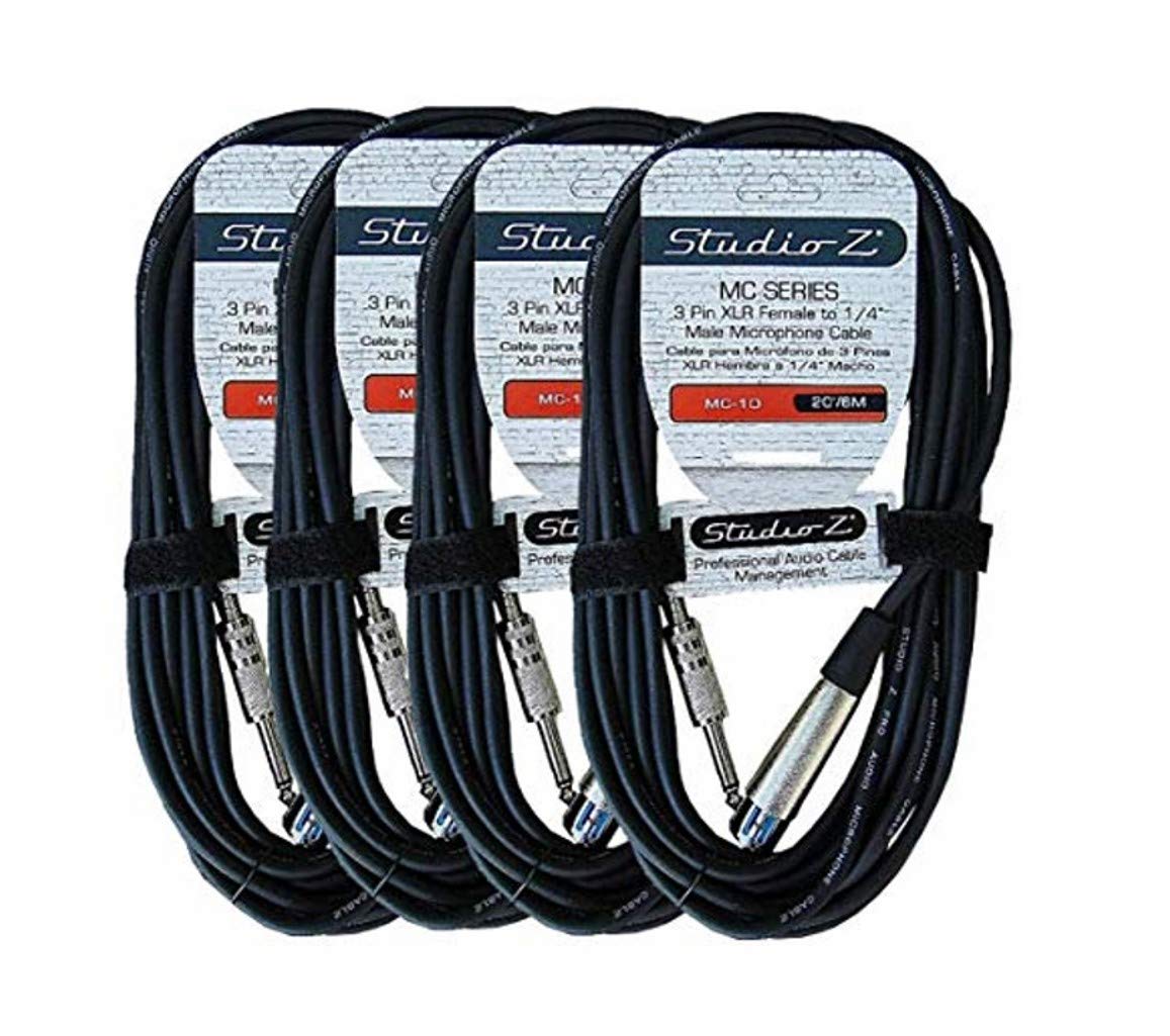 Studio Z Microphone Cables 20Ft Female XLR to 1/4 Inch TS Male Mono 3 PIN Flexible Mic Cable Unbalanced Interconnect Wire Mic Cord for Dynamic Sound Built to Last (4 Pack)