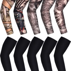 Boao 10 Pairs Arm Tattoo Sleeves for Men UV Sun Protection Arm Compression Sleeves for Gardening Sport Cycling Fishing