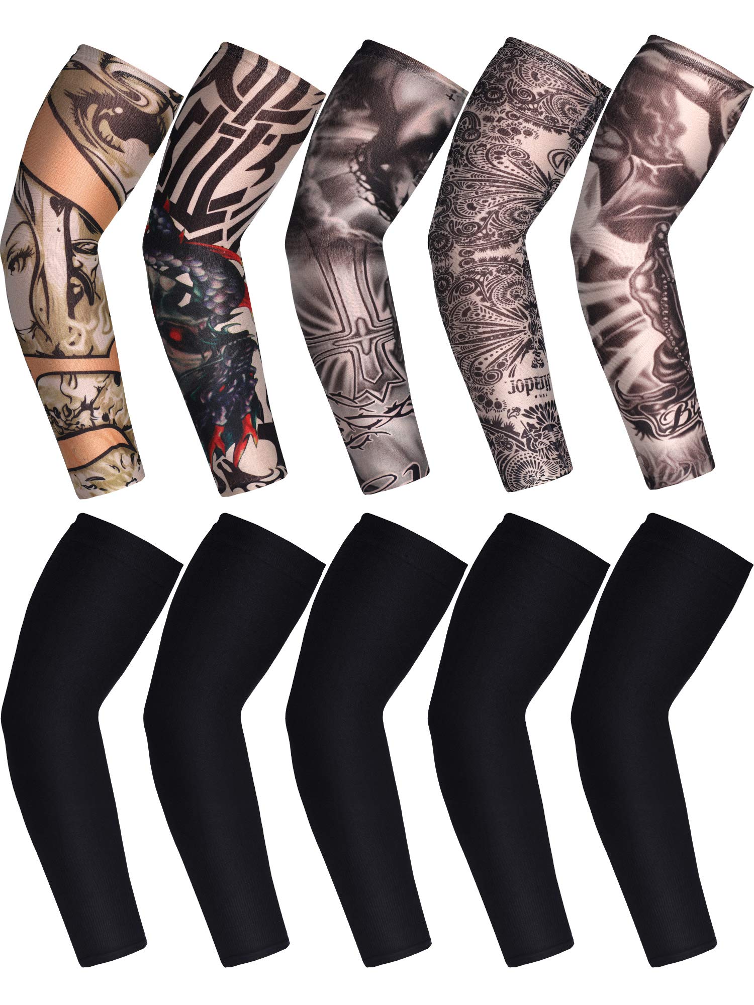 Boao 10 Pairs Arm Tattoo Sleeves for Men UV Sun Protection Arm Compression Sleeves for Gardening Sport Cycling Fishing