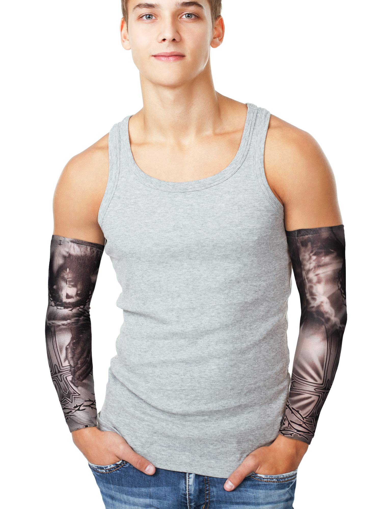 Boao 10 Pairs Arm Tattoo Sleeves for Men UV Sun Protection Arm Compression Sleeves for Gardening Sport Cycling Fishing