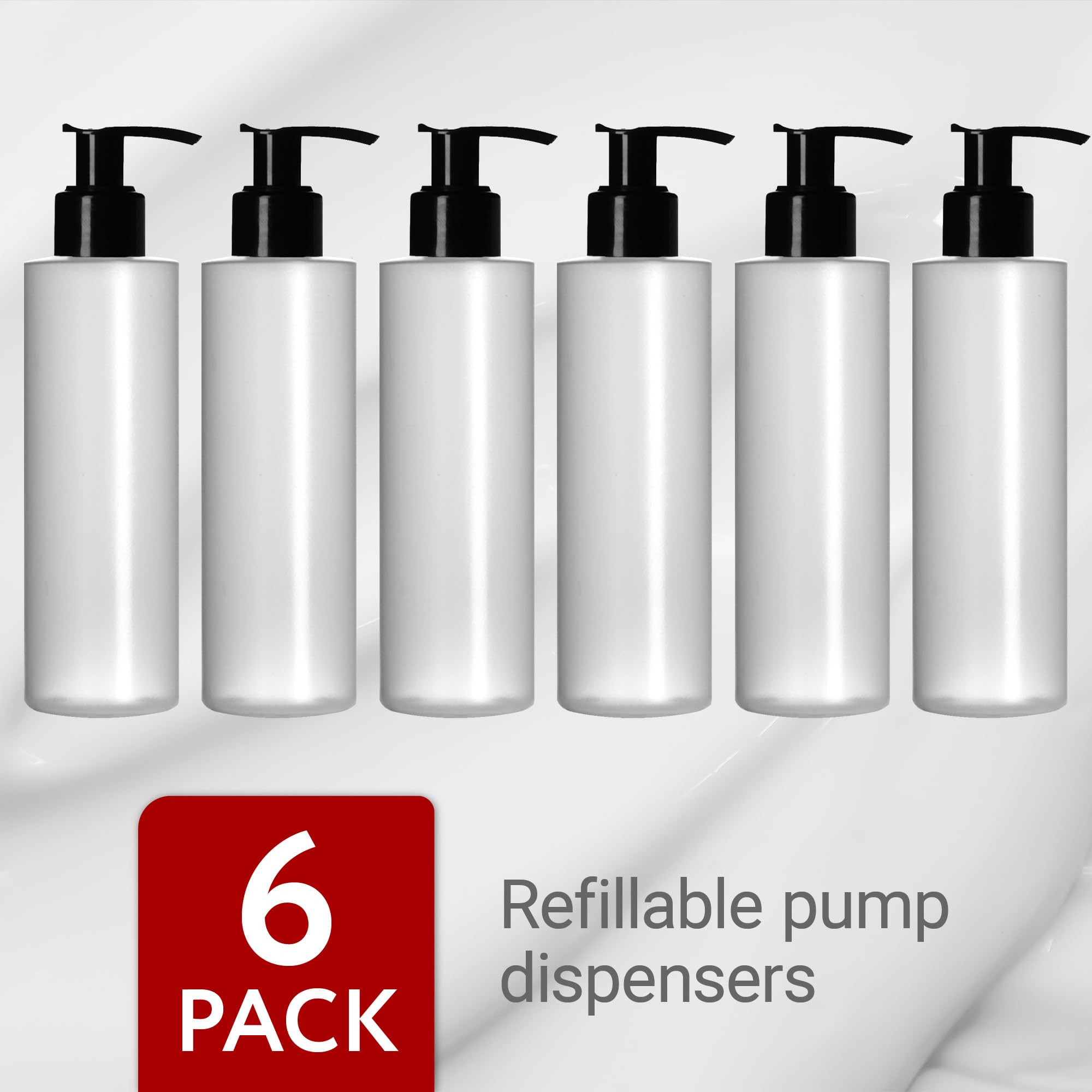 IMPRESA 6 Pack 8 Oz Plastic Pump Dispenser Bottles for Lotion, Massage Oil, Shampoo and More! - Refillable, BPA Free Clear/Frosted Empty 8oz Containers - Fit Into Holsters, Bulk