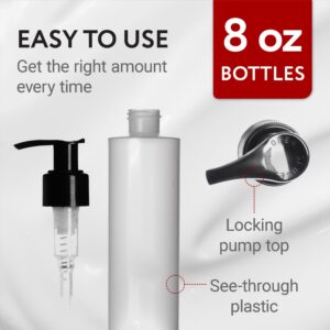 IMPRESA 6 Pack 8 Oz Plastic Pump Dispenser Bottles for Lotion, Massage Oil, Shampoo and More! - Refillable, BPA Free Clear/Frosted Empty 8oz Containers - Fit Into Holsters, Bulk