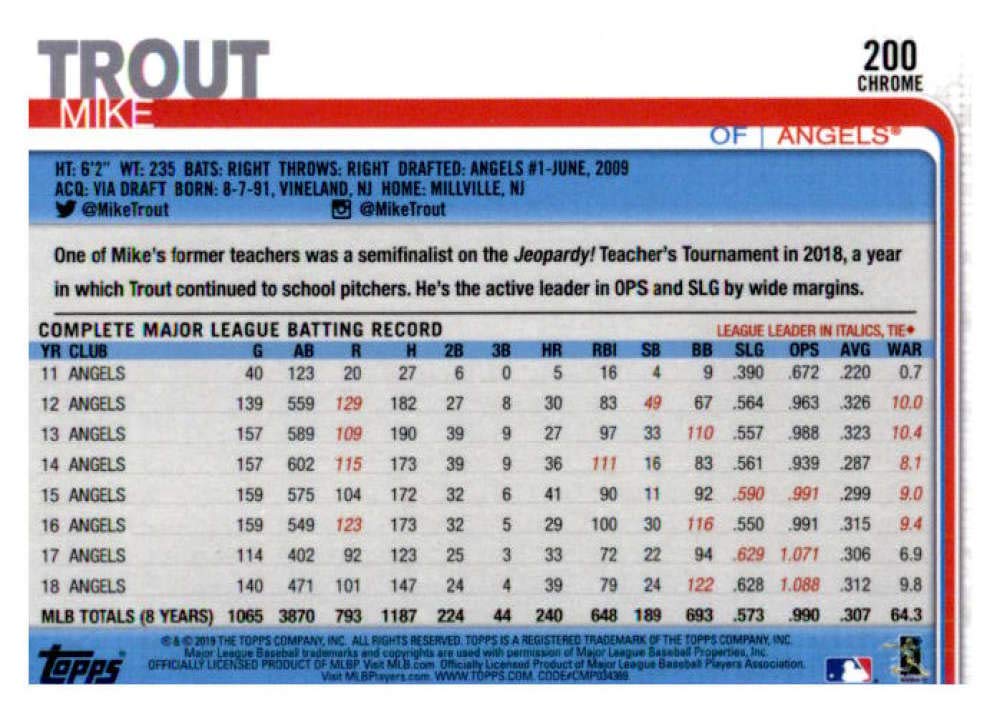 2019 Topps Chrome #200 Mike Trout NM-MT Los Angeles Angels Baseball