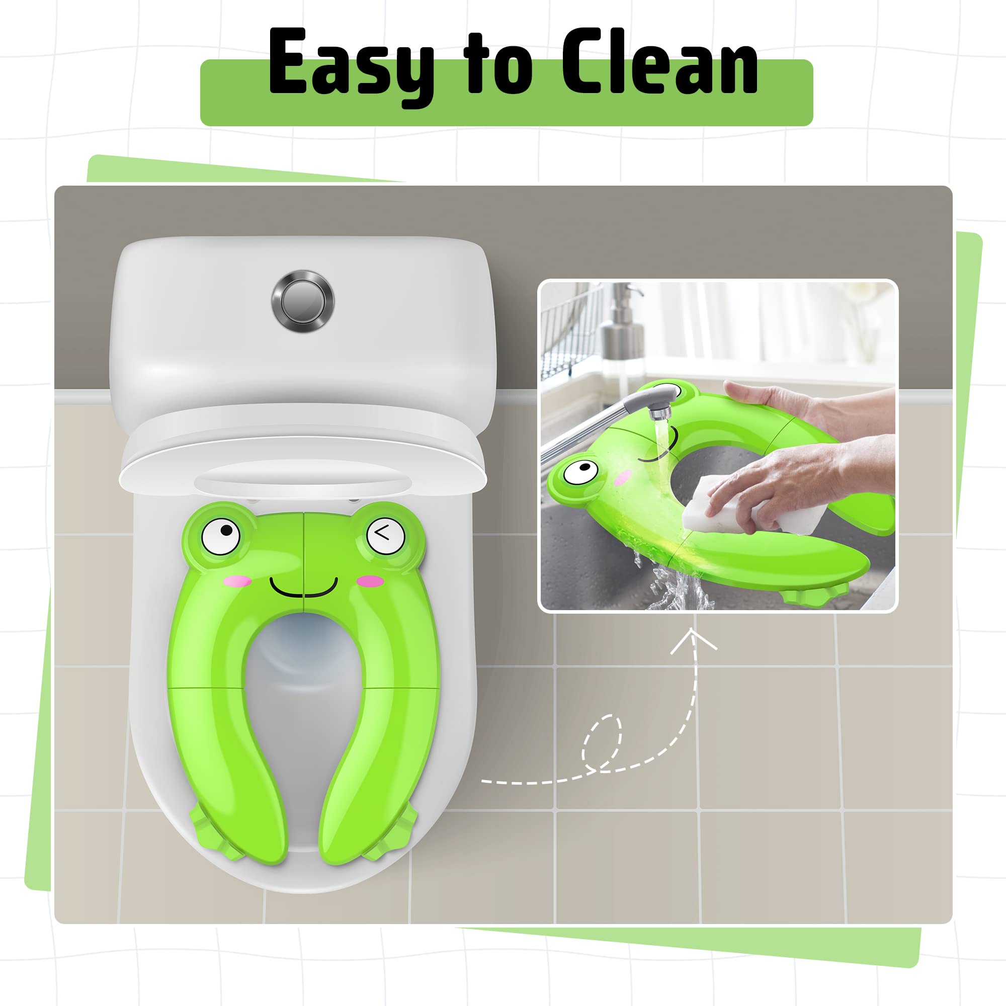 Portable Potty Seat for Toddler Travel - Foldable Non-Slip Potty Training Toilet Seat Cover for Boys Girls, Baby Kids with Drawstring Bag (Green Frog)