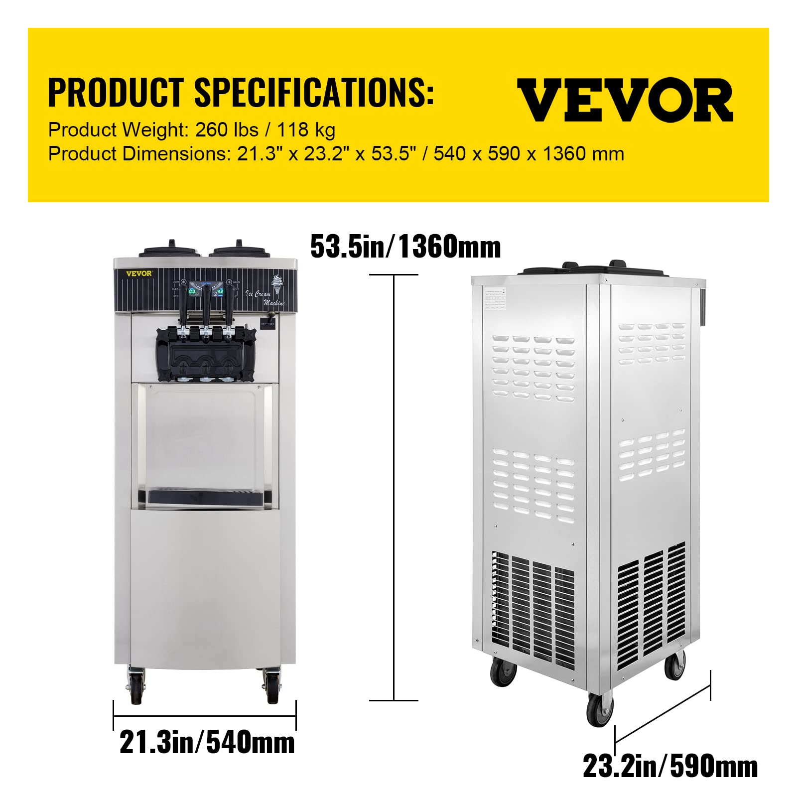 VEVOR 2200W Commercial Soft Ice Cream Machine 3 Flavors 5.3 to 7.4Gallons per Hour Auto Clean LED Panel Perfect for Restaurants Snack Bar supermarkets 2200W