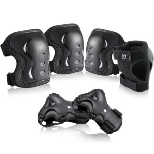kids/adult/youth knee and elbow pads with wrist guards 3 in 1 protective gear set for skateboarding cycling bmx bike scooter skating rollerblading riding (black, medium (8-14 years))