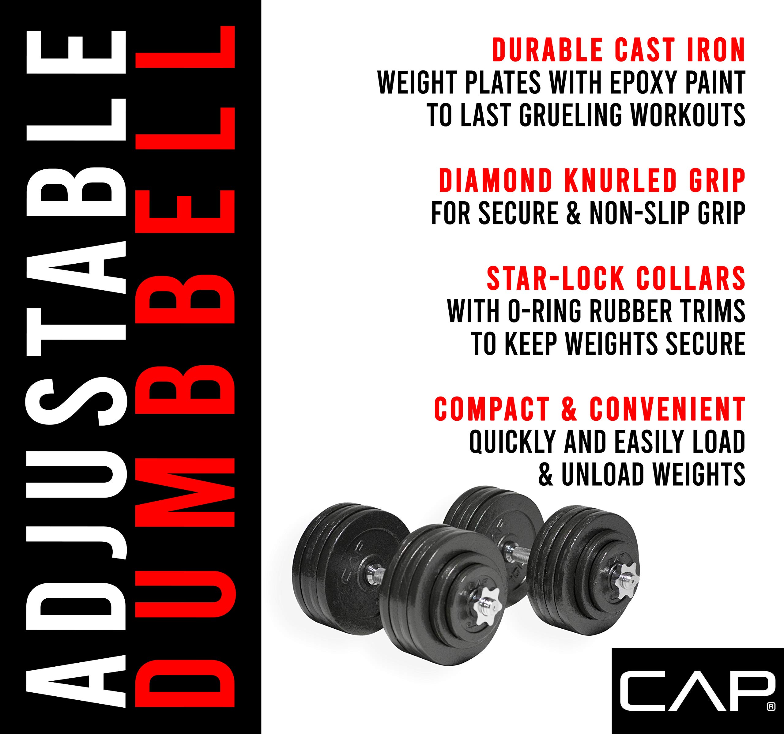 CAP Barbell 200-Pound Adjustable Dumbbell Weight Set, Black