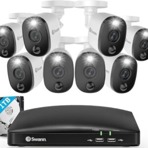 Swann Home DVR Security Camera System with 1TB HDD, 8 Channel 8 Camera, 1080p Full HD Video, Indoor or Outdoor Wired Surveillance CCTV, Color Night Vision, Heat Motion Detection, LED Lights, 845808