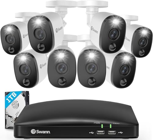 Swann Home DVR Security Camera System with 1TB HDD, 8 Channel 8 Camera, 1080p Full HD Video, Indoor or Outdoor Wired Surveillance CCTV, Color Night Vision, Heat Motion Detection, LED Lights, 845808