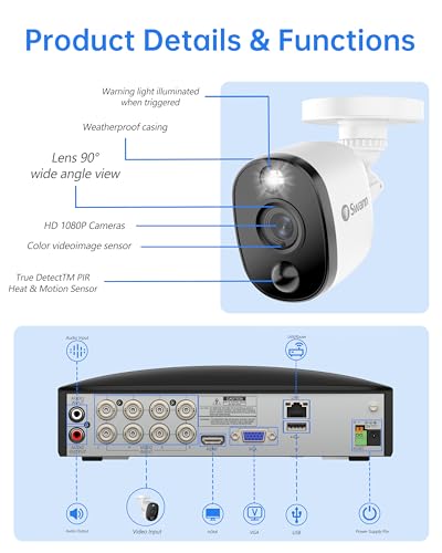 Swann Home DVR Security Camera System with 1TB HDD, 8 Channel 8 Camera, 1080p Full HD Video, Indoor or Outdoor Wired Surveillance CCTV, Color Night Vision, Heat Motion Detection, LED Lights, 845808