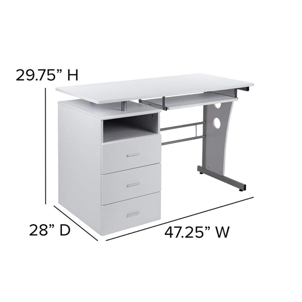 Flash Furniture Joshua White Desk with Three Drawer Pedestal and Pull-Out Keyboard Tray