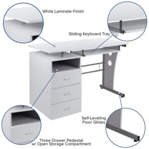 Flash Furniture Joshua White Desk with Three Drawer Pedestal and Pull-Out Keyboard Tray