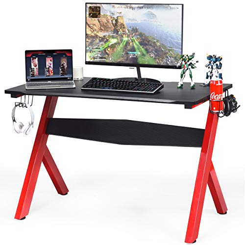 Tangkula Computer Desk Gaming Desk, Ergonomic Gamer Workstation with Cup & Headphone Holder and Mouse Pad, Gamer Desk with Carbon Fiber Surface and R-Shape Steel Frame (Black & Red)