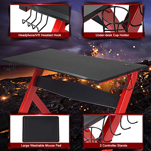 Tangkula Computer Desk Gaming Desk, Ergonomic Gamer Workstation with Cup & Headphone Holder and Mouse Pad, Gamer Desk with Carbon Fiber Surface and R-Shape Steel Frame (Black & Red)