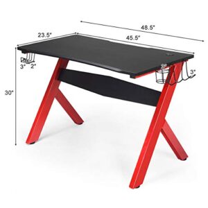 Tangkula Computer Desk Gaming Desk, Ergonomic Gamer Workstation with Cup & Headphone Holder and Mouse Pad, Gamer Desk with Carbon Fiber Surface and R-Shape Steel Frame (Black & Red)