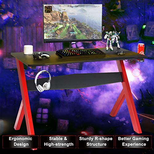 Tangkula Computer Desk Gaming Desk, Ergonomic Gamer Workstation with Cup & Headphone Holder and Mouse Pad, Gamer Desk with Carbon Fiber Surface and R-Shape Steel Frame (Black & Red)