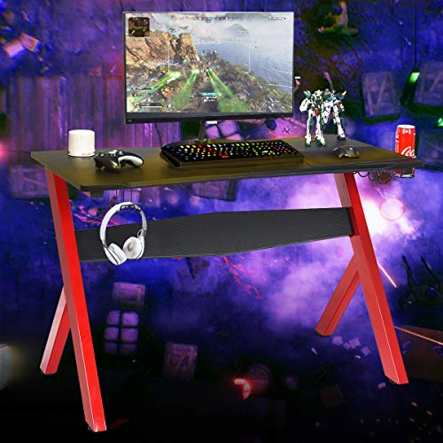 Tangkula Computer Desk Gaming Desk, Ergonomic Gamer Workstation with Cup & Headphone Holder and Mouse Pad, Gamer Desk with Carbon Fiber Surface and R-Shape Steel Frame (Black & Red)