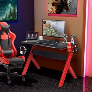 Tangkula Computer Desk Gaming Desk, Ergonomic Gamer Workstation with Cup & Headphone Holder and Mouse Pad, Gamer Desk with Carbon Fiber Surface and R-Shape Steel Frame (Black & Red)