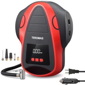 teromas tire inflator air compressor, portable dc/ac air pump for car tires 12v dc and other inflatables at home 110v ac, digital electric tire pump with pressure gauge (red)