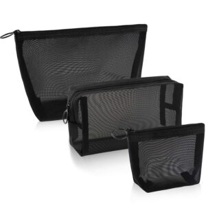 3 pieces mesh cosmetic bag, makeup bags, zipper pouch for offices travel accessories, 3 sizes (black)