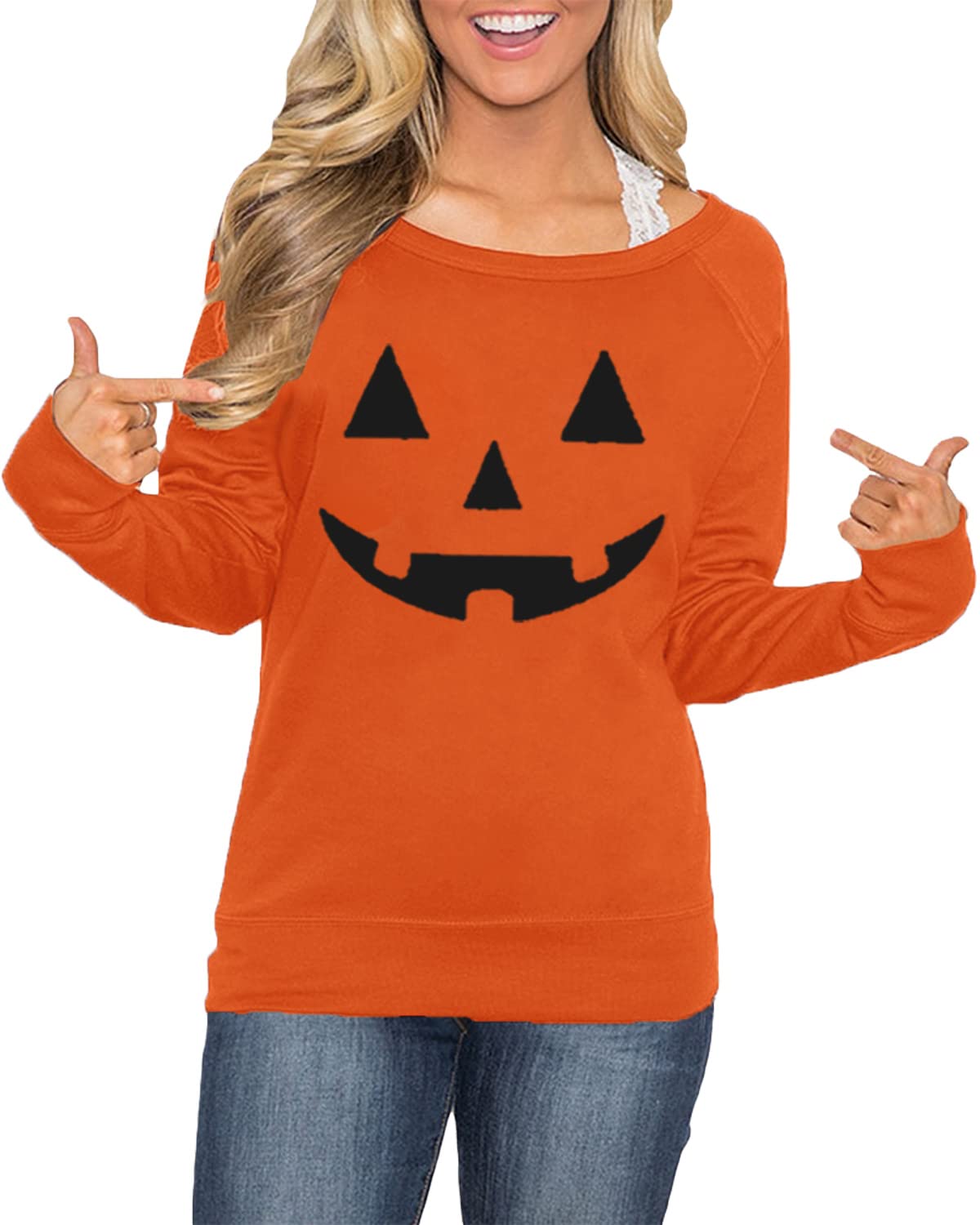 Halloween Womens Shirts Pumpkin Sweatshirts Casual Pullover Orange Tops Jack-O-Lantern XL