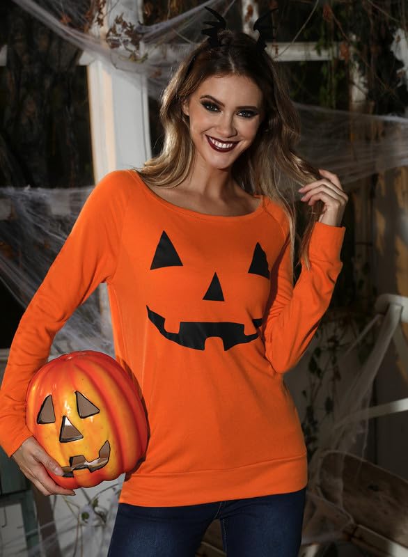 Halloween Womens Shirts Pumpkin Sweatshirts Casual Pullover Orange Tops Jack-O-Lantern XL