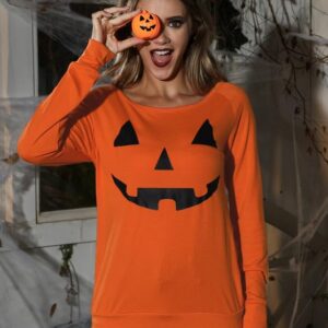 Halloween Womens Shirts Pumpkin Sweatshirts Casual Pullover Orange Tops Jack-O-Lantern XL