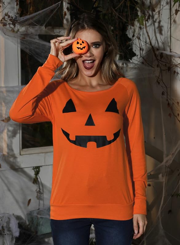 Halloween Womens Shirts Pumpkin Sweatshirts Casual Pullover Orange Tops Jack-O-Lantern XL