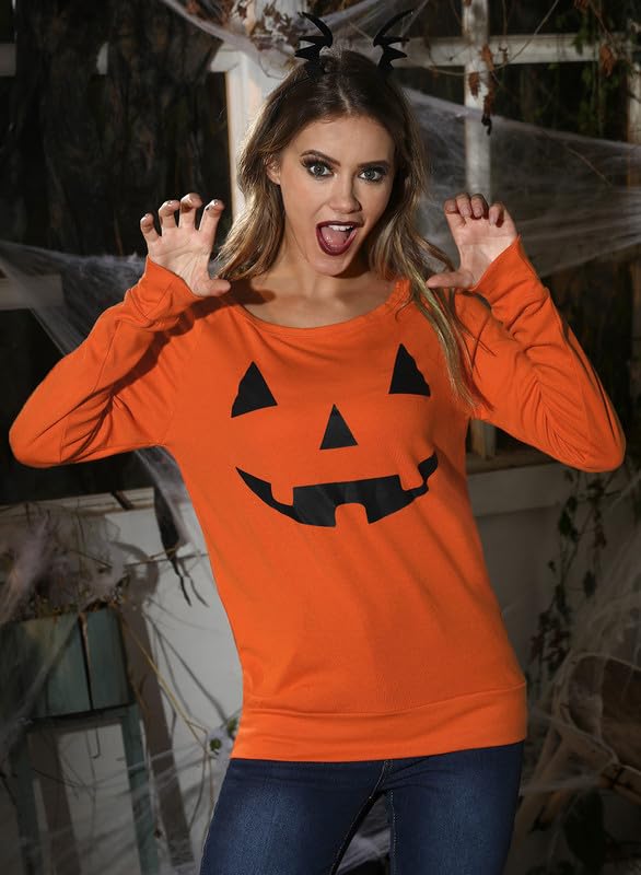 Halloween Womens Shirts Pumpkin Sweatshirts Casual Pullover Orange Tops Jack-O-Lantern XL