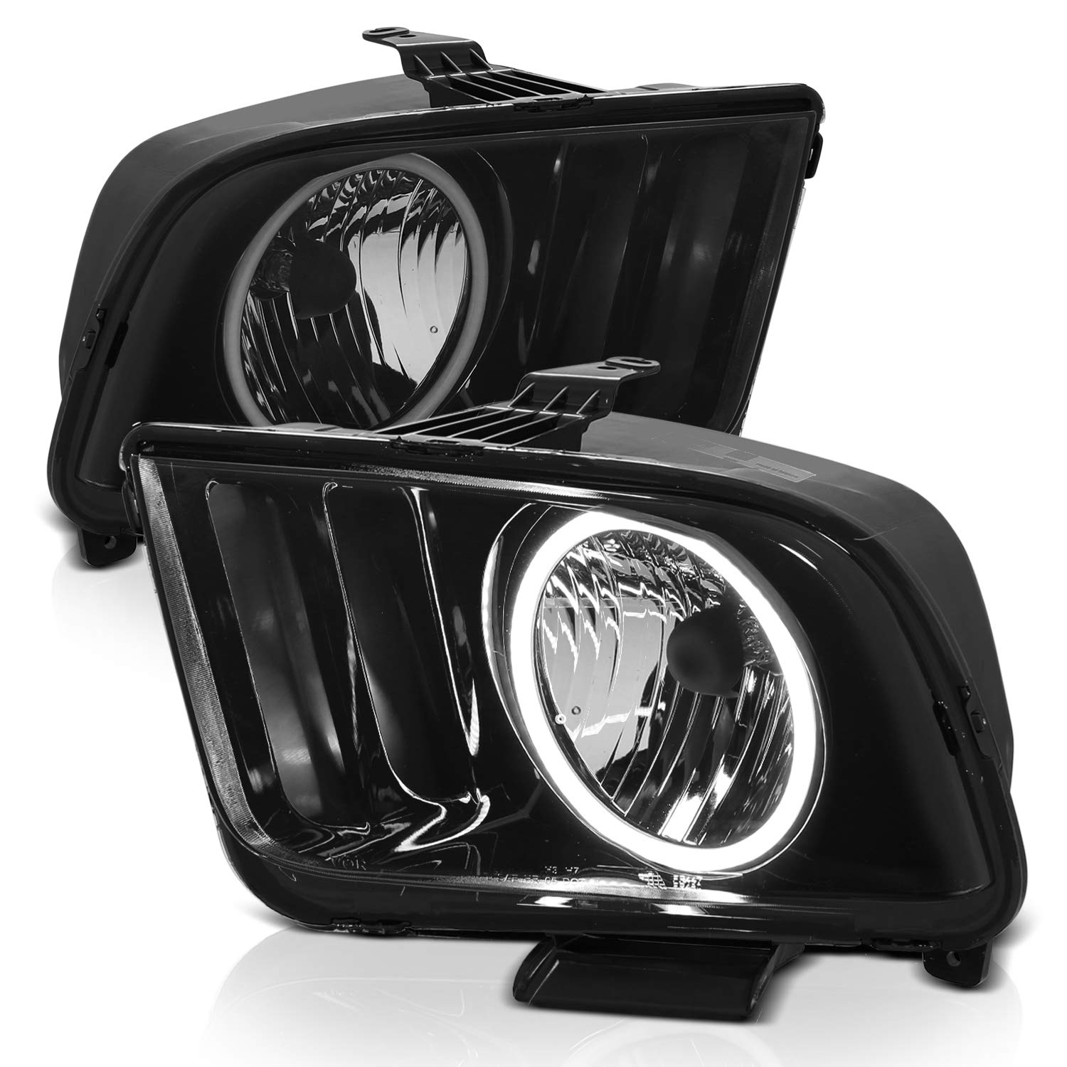 AmeriLite Smoke for 2005-2009 Ford Mustang Xtreme LED Halos Smoke Halogen Headlights Assembly Pair - Passenger and Driver Side