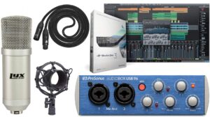 presonus audiobox 96 audio usb 2.0 recording interface and studio one artist software kit with condenser microphone shockmount, and xlr cable (interface color may vary in blue or black)