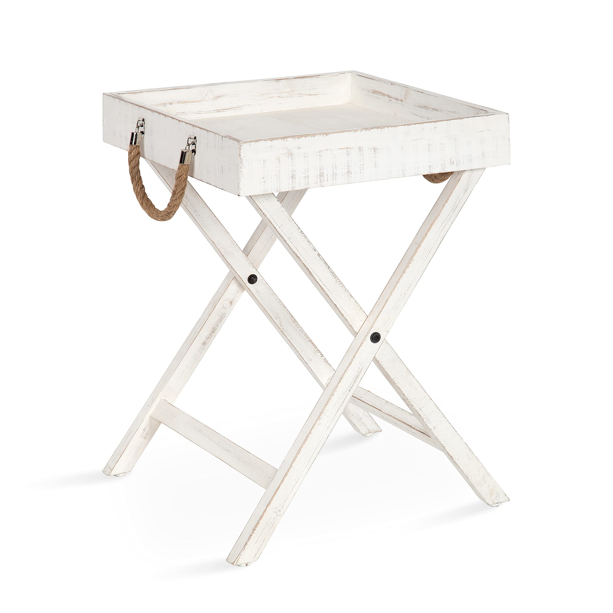 Kate and Laurel Bayville Vintage Tray Table, 17" x 17" x 24", White, Rustic Coastal Tray for Display and Storage