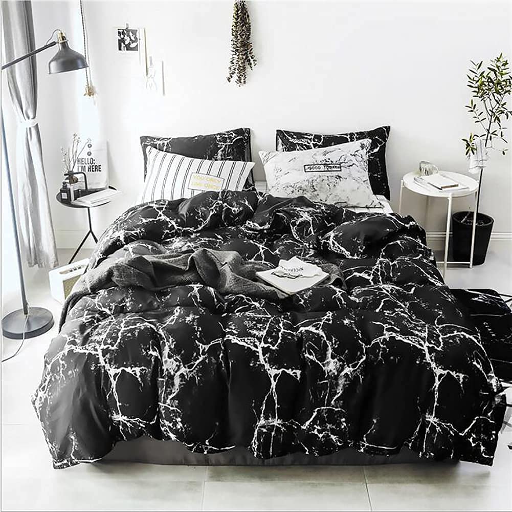 karever Black Marble Comforter Set Full/Queen White Texture Bedding Reversible Teen Boy Men Full Size Soft Lightweight Quilt Set, 3 PCs( 1 Comforter, 2 Pillowcases)