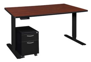 regency esteem single pedestal powered one-touch height adjustable desk/table, 60", cherry/black