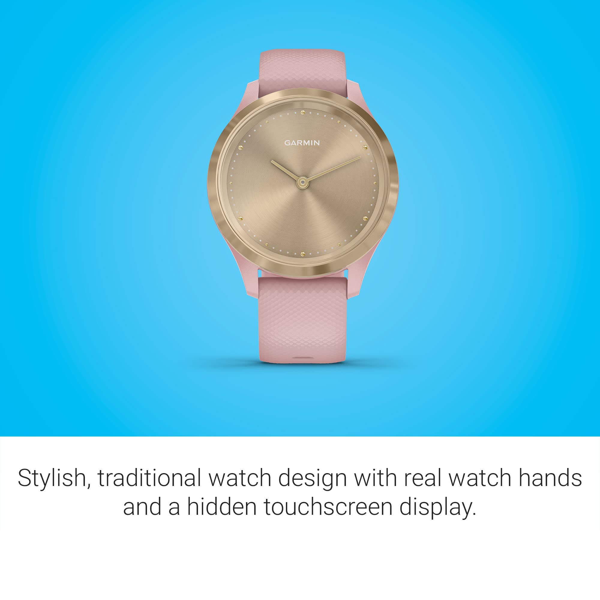 Garmin vivomove 3s, Smaller-sized Hybrid Smartwatch with Real Watch Hands and Hidden Touchscreen Display, Light Gold with Rose Case and Band