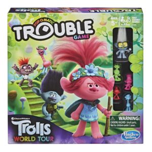 trouble: dreamworks trolls world tour edition board game for kids ages 5 and up; includes tiny diamond figure with hair, model:e8906