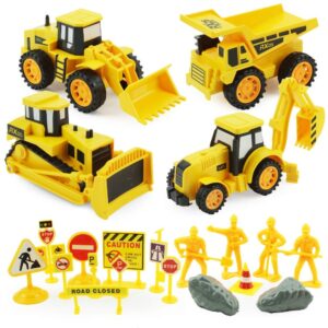 boley builders play set - 24 piece kids construction toys with bulldozer, dump truck, front loader and backhoe toy trucks, diecast signs, pretend rubble and construction workers - excavator toy trucks