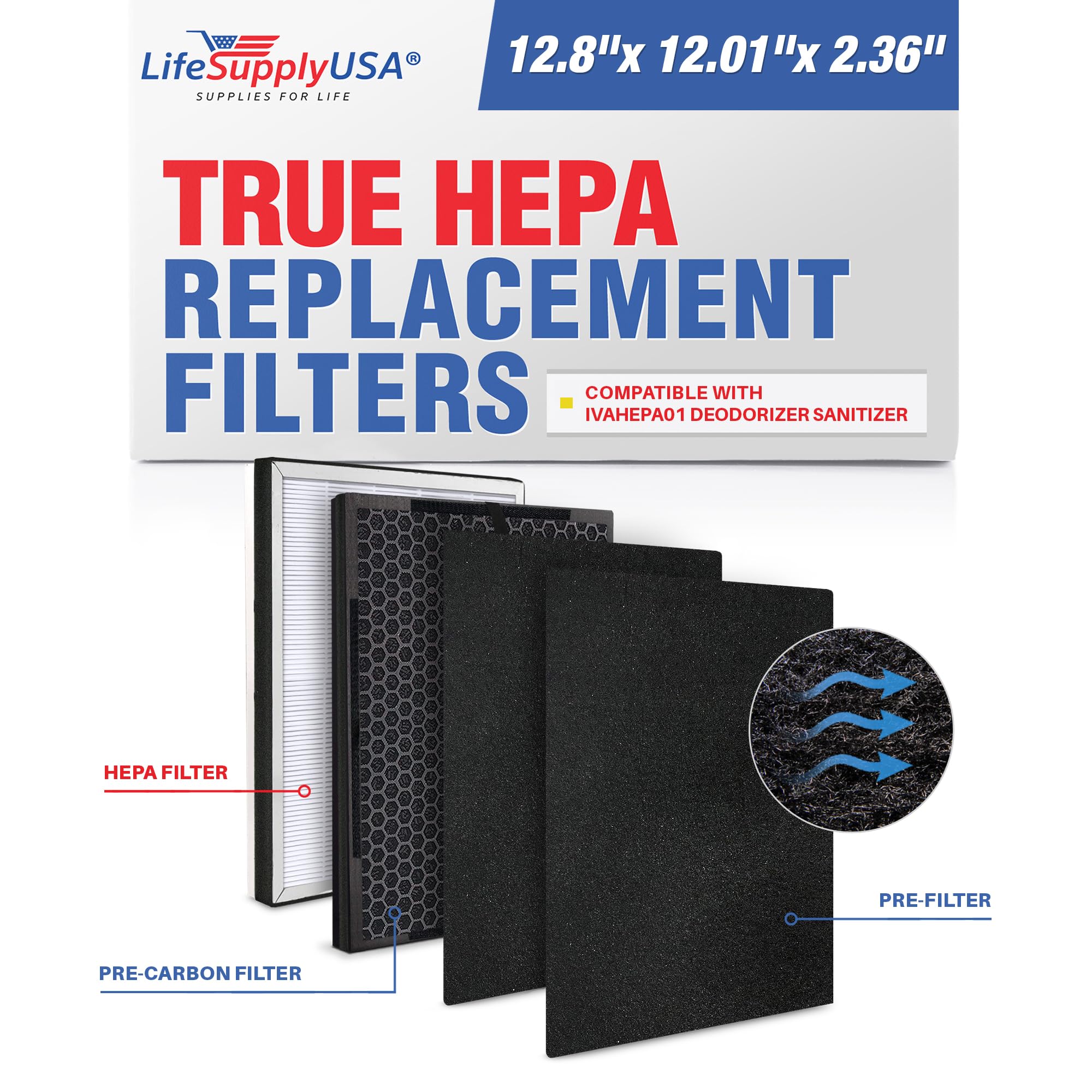 LifeSupplyUSA Complete Replacement Filter Set (1 True HEPA Filter + 1 Charcoal Filter + 2 Carbon Filter) Compatible with Ivation IVAHEPA01 Deodorizer Sanitizer Air Purifiers