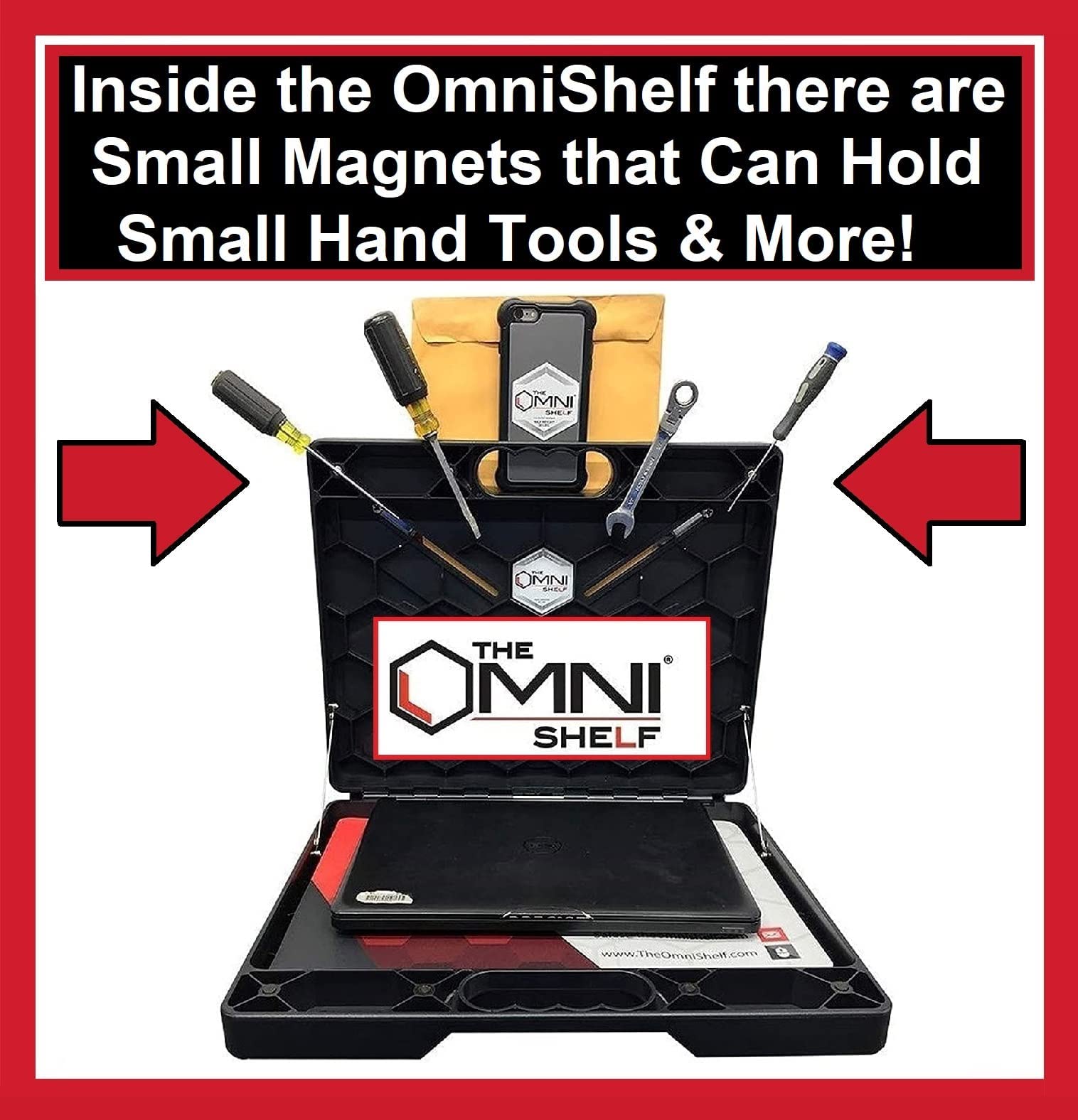 The OmniShelf Portable Workstation, Magnetic Toolbox, Laptop Stand w/ 40 lb Capacity, Hands Free Workstation, Attach to HVAC, Trucks, Walls, Poles etc. (Model # OSO1 - Magnets)