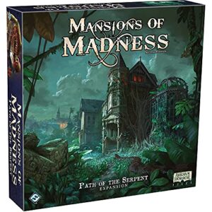 mansions of madness path of the serpent expansion - conquer the perils of the jungle and unearth new horrors! ages 14+, 1-5 players, 2-3 hour playtime, made by fantasy flight games