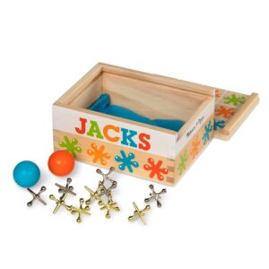 melissa & doug jacks game with 10 playing pieces and 2 balls in wooden storage box