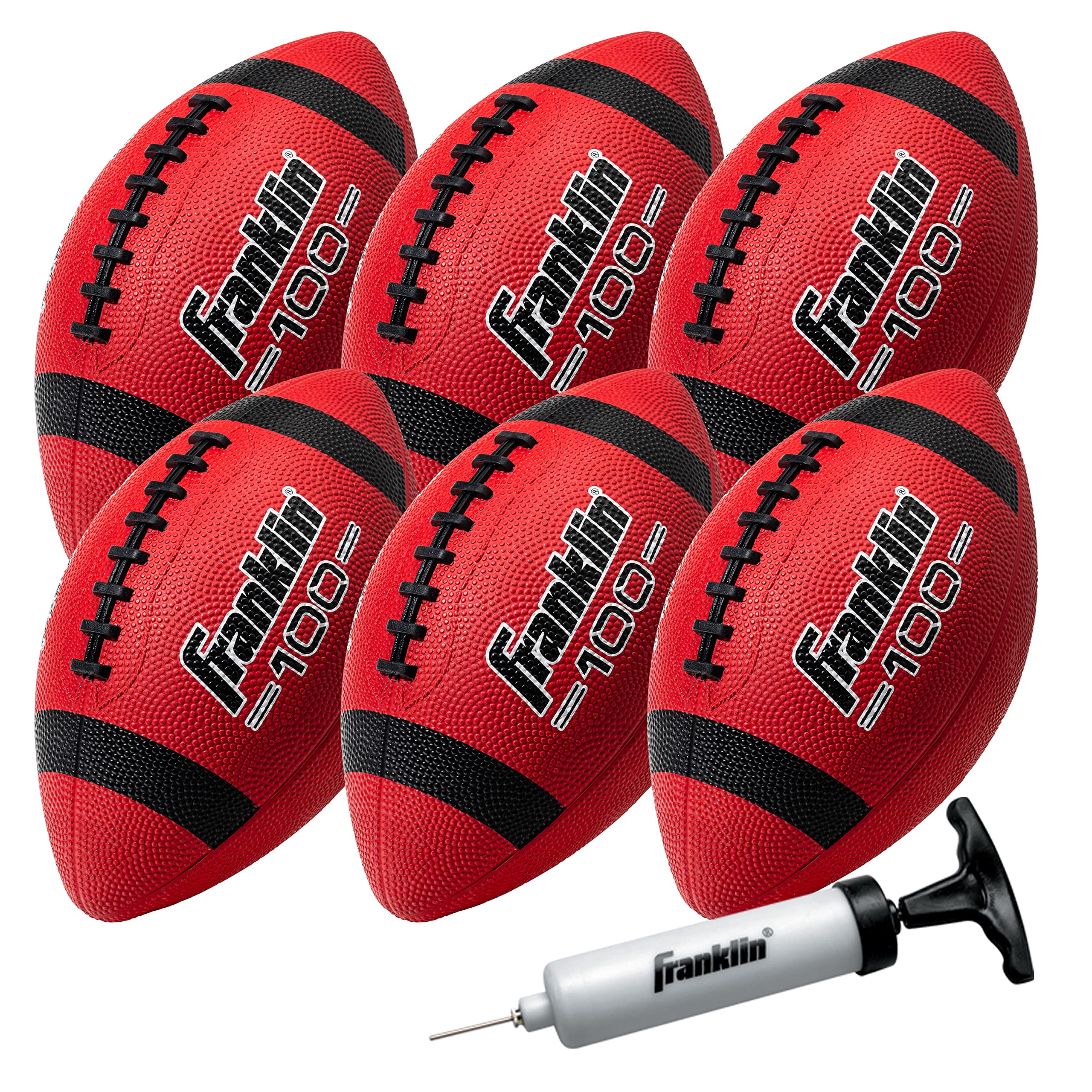 Franklin Sports Junior Footballs - Grip-Rite 100 - Kids Junior Size Rubber Footballs - Youth Footballs - 6 Pack of Footballs with Pump - Red/Black, Junior Size Football