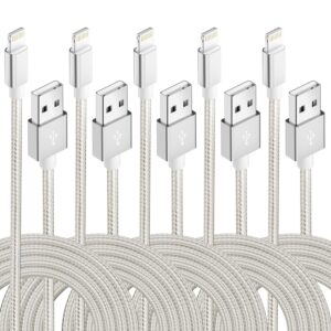 idison [mfi certified iphone charger, 5pack(3/3/6/6/10ft) iphone charging cable nylon braided fast charging cord compatible for iphones/pads-silver