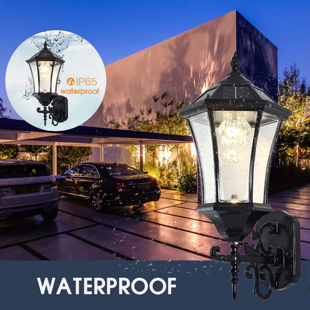 DENGMALL Solar Wall Lantern Outdoor, Wireless Dusk to Dawn Solar Wall Mount Light, 21 Inch Inch Large, LED Wall Sconce Fixture with Clear Glass and Aluminum Housing, Weatherproof