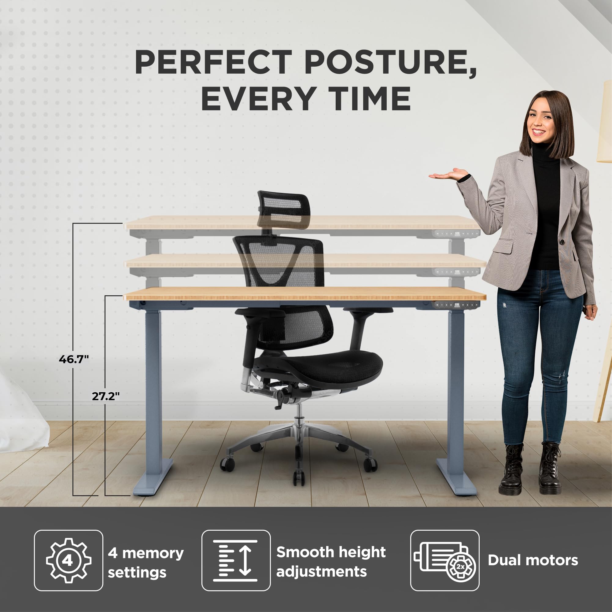 Rise UP Electric Standing Desk adjustable height desk 27-47" dual motor one piece 60x30" bamboo desktop height adjustable desk adjustable standing desk stand up desk sit to stand desk rising desk