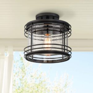 possini euro design mackie modern outdoor semi flush-mount ceiling light fixture black geometric 11" clear seedy glass for exterior house porch patio outside deck garage front door garden home