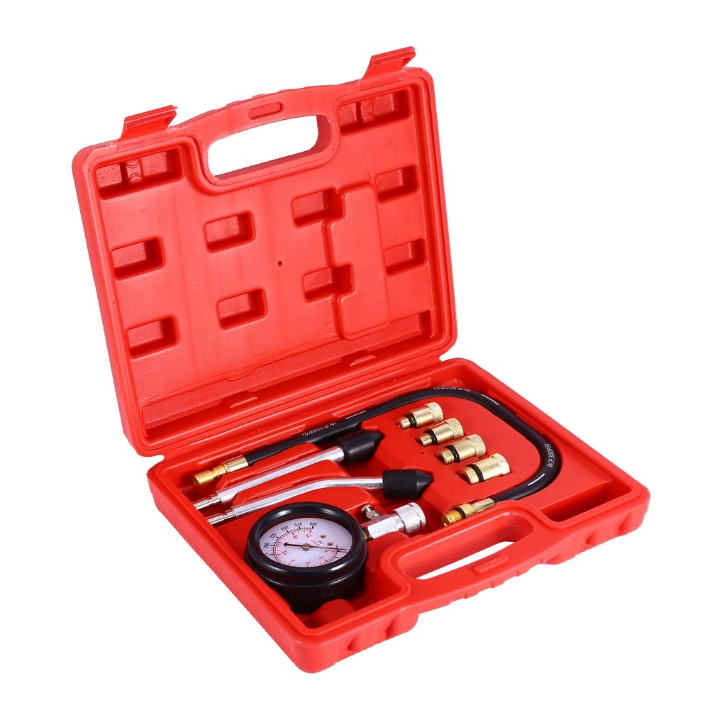 Professional Petrol Gas Engine Compression Tester, Test Gauge Kit Car Motorcycle Garage Tools with Case