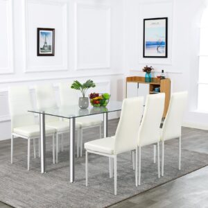 Bonnlo Dining Table Set for 6,Kitchen Table and Chairs for 6,Small Dining Room Table and 6 PU Leather Chairs for Small Place,Metal Frame,Clear&White