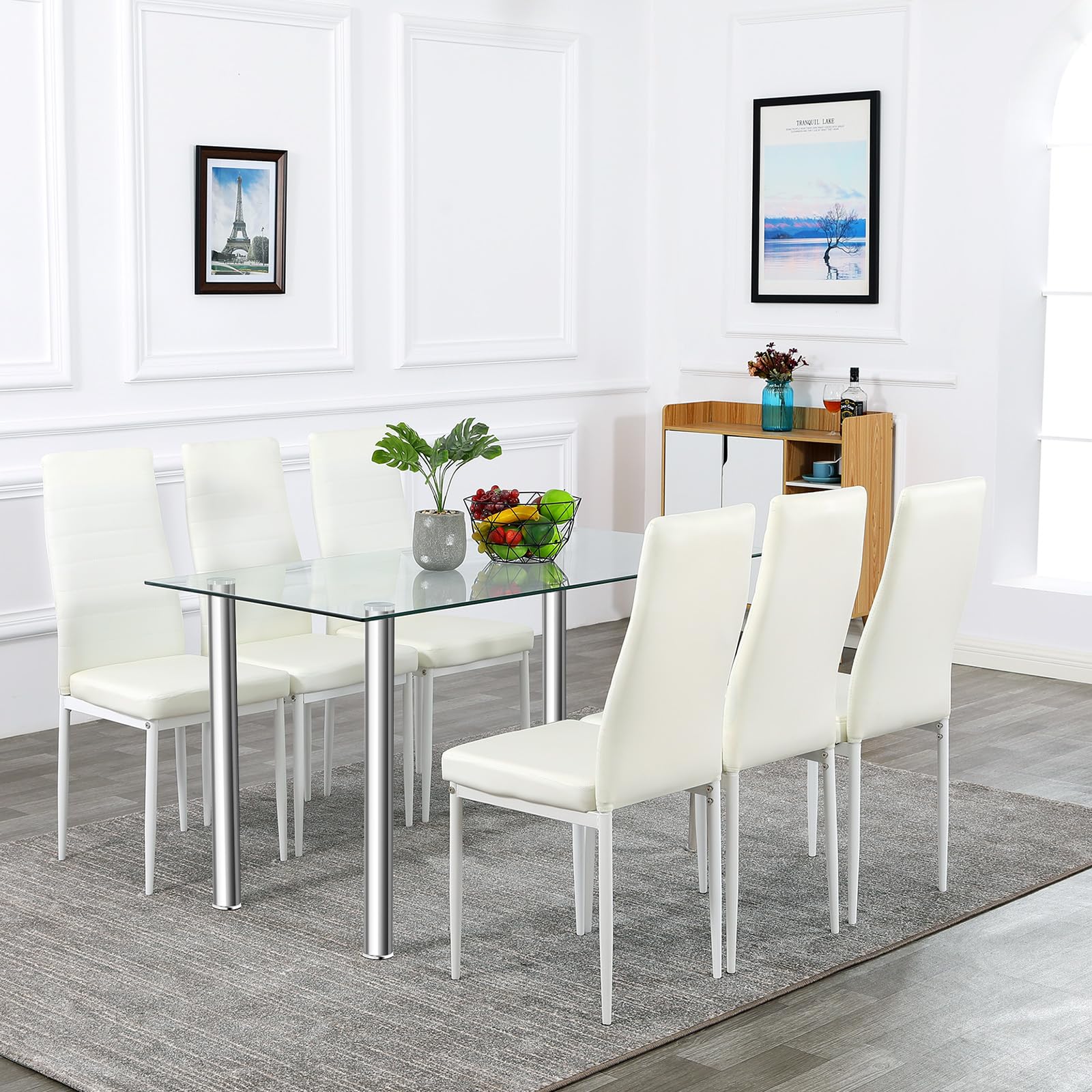 Bonnlo Dining Table Set for 6,Kitchen Table and Chairs for 6,Small Dining Room Table and 6 PU Leather Chairs for Small Place,Metal Frame,Clear&White